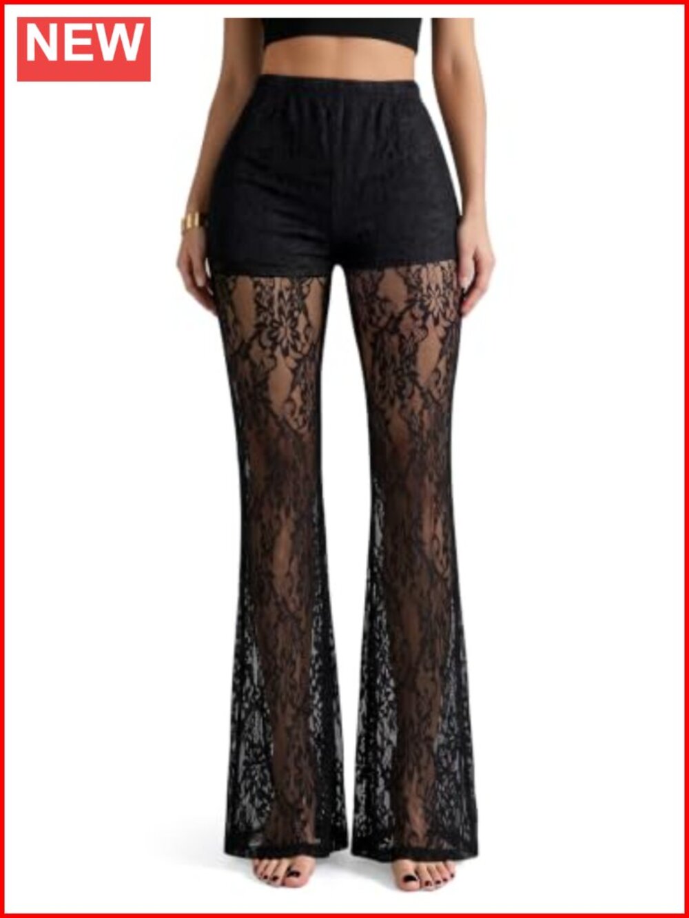 Sheer Lace Flare Pants for Women High Waisted See Through Long Pants